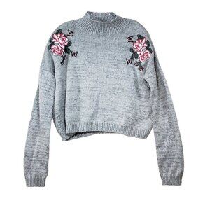Cloud Chaser Sweater Women Large Crop Slouchy Embroidered Roses Butterflies Gray